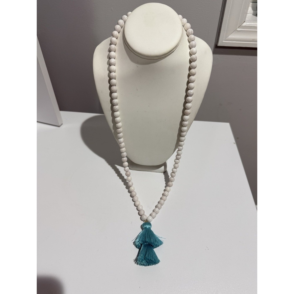 Baublebar Turquoise Tassel Necklace 35" White Bead Gold Tone